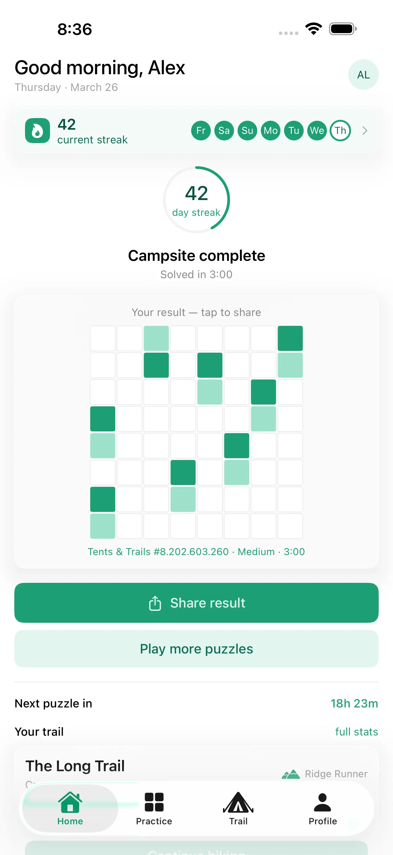 Home screen with daily streak and solve results